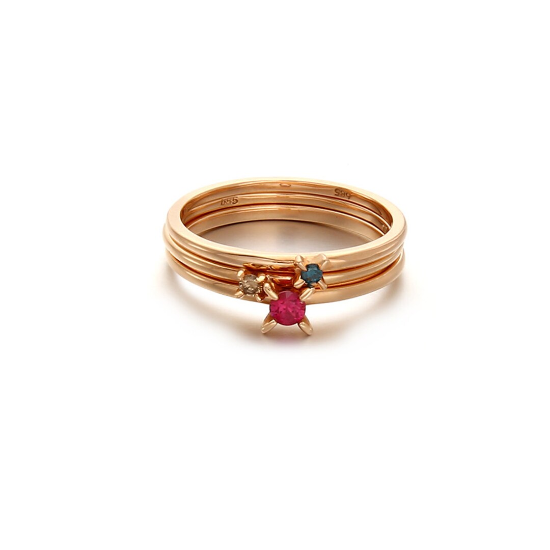 14K Gold Ruby Blue Diamond Champagne Diamond Stacking Ring Set ...