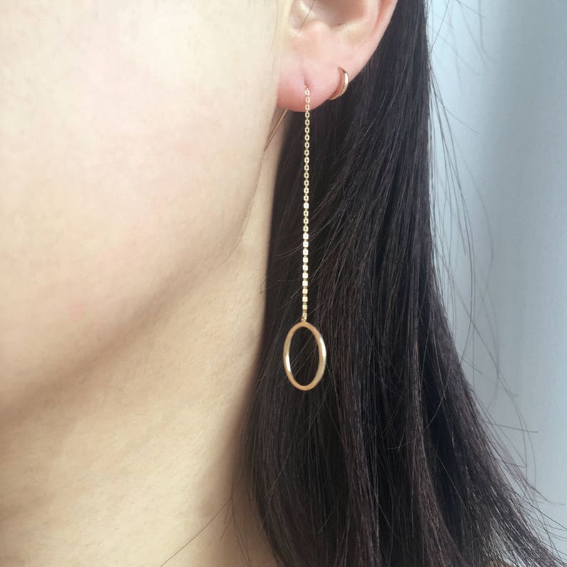 14K Solid Gold Threader Earrings 14K Long Threader Earrings Etsy