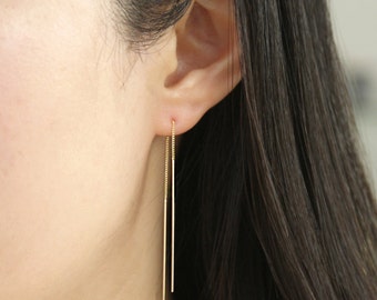 14K Solid Gold Threader Earrings, 14K Long Threader Earrings, 14K Ear Threads, very dainty earrings, delicate earrings, Minimalist Earrings