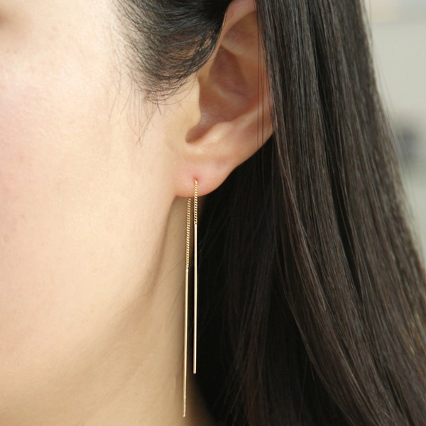 14K Solid Gold Threader Earrings, 14K Long Threader Earrings, 14K Ear Threads, very dainty earrings, delicate earrings, Minimalist Earrings