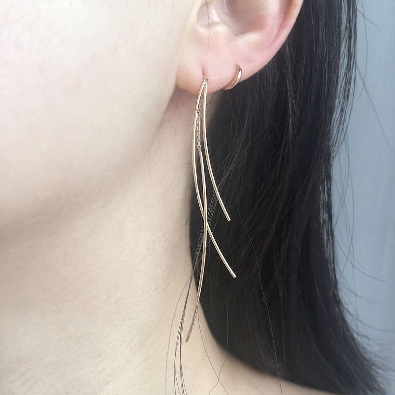 14K Solid Gold Threader Earrings 14K Long Threader Earrings Etsy
