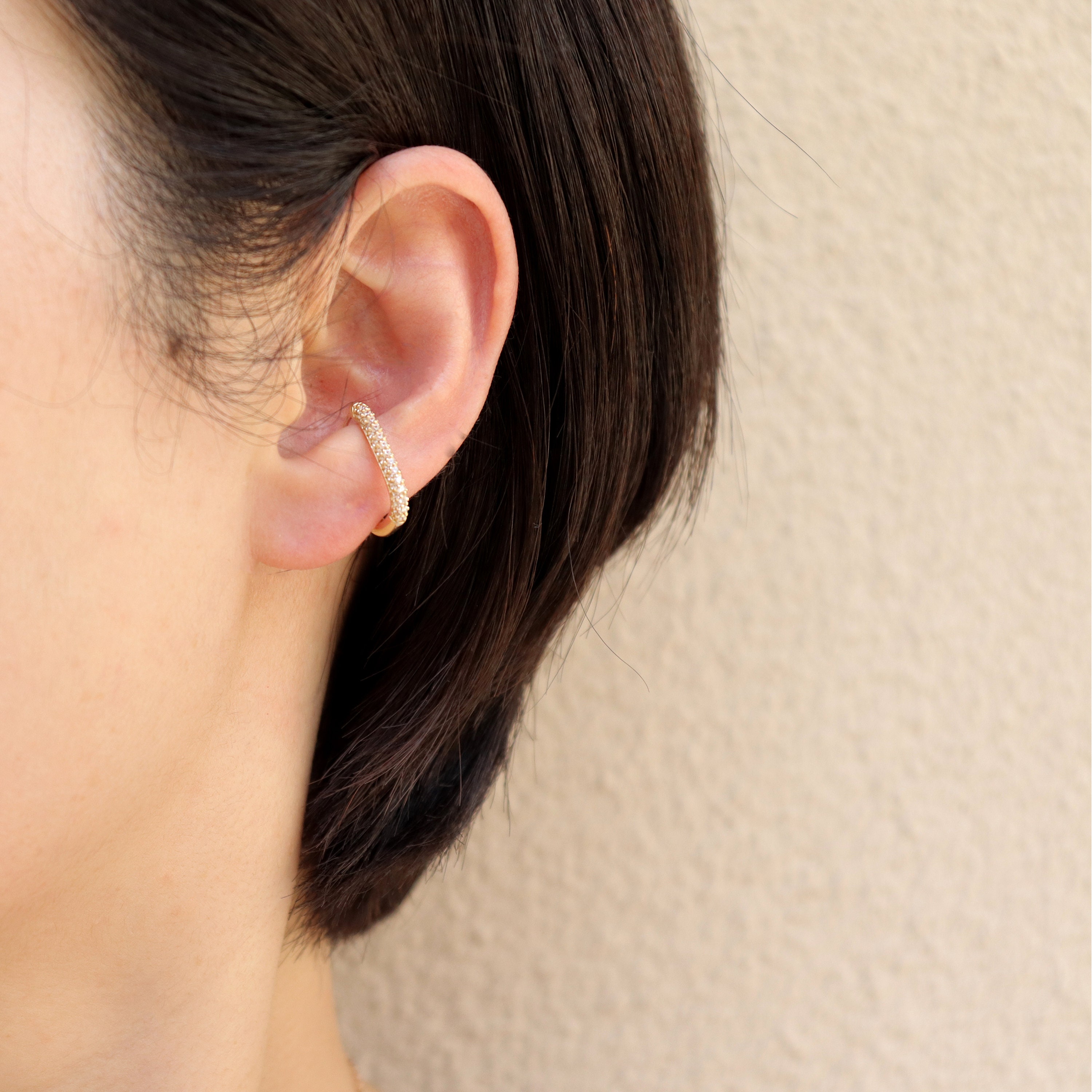 14K Solid Gold CZ Oval Huggie Hinged Hoop Earring Huggie Etsy