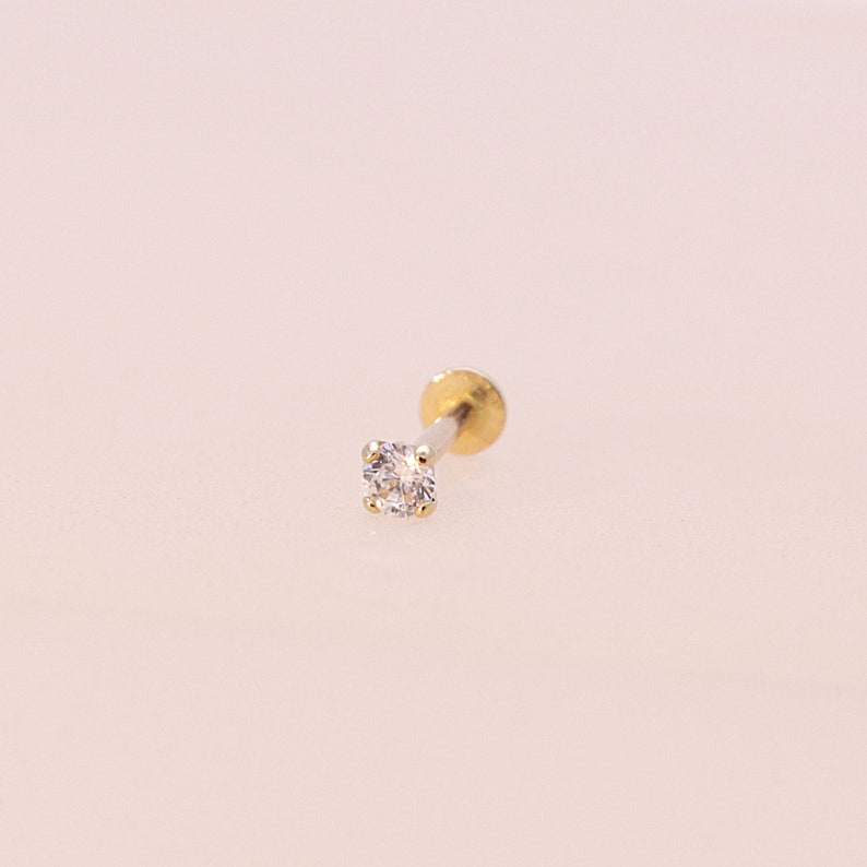 14K 2.5mm Solid Gold CZ Stud Labret, Internal Threaded, Tragus, Cartilage, Helix, Conch, Lobe, Piercing Earring, Minimalist Earring image 1