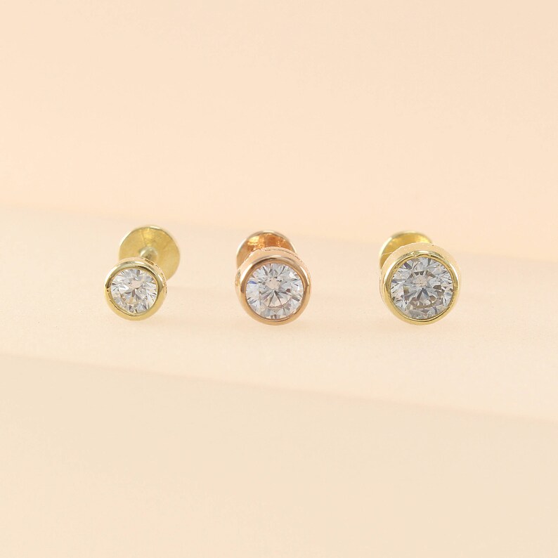 14K 3mm Solid Gold CZ Stud Labret Cartilage Tragus Helix Etsy