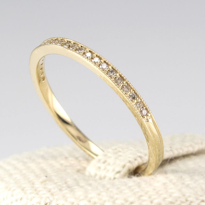 Thin Diamond Eternity Band 14K Solid Gold, Champagne Diamond Ring, Diamond Wedding Band image 3