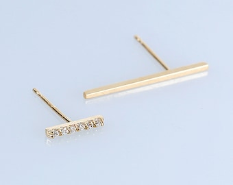 14K Solid Gold Bar Earrings, 14K Gold Bar Studs Earrings, 14K Bar Studs, 14K Simple Earrings, Minimalist Earrings