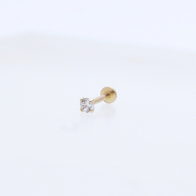 14K 2.5mm Solid Gold CZ Stud Labret, Internal Threaded, Tragus, Cartilage, Helix, Conch, Lobe, Piercing Earring, Minimalist Earring image 6