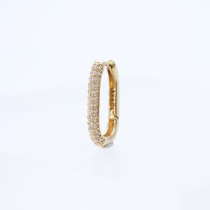 14K Solid Gold CZ Oval Huggie Hinged Hoop Earring, Huggie Hoop, Gold Huggie, Oval Gold Hoop image 3