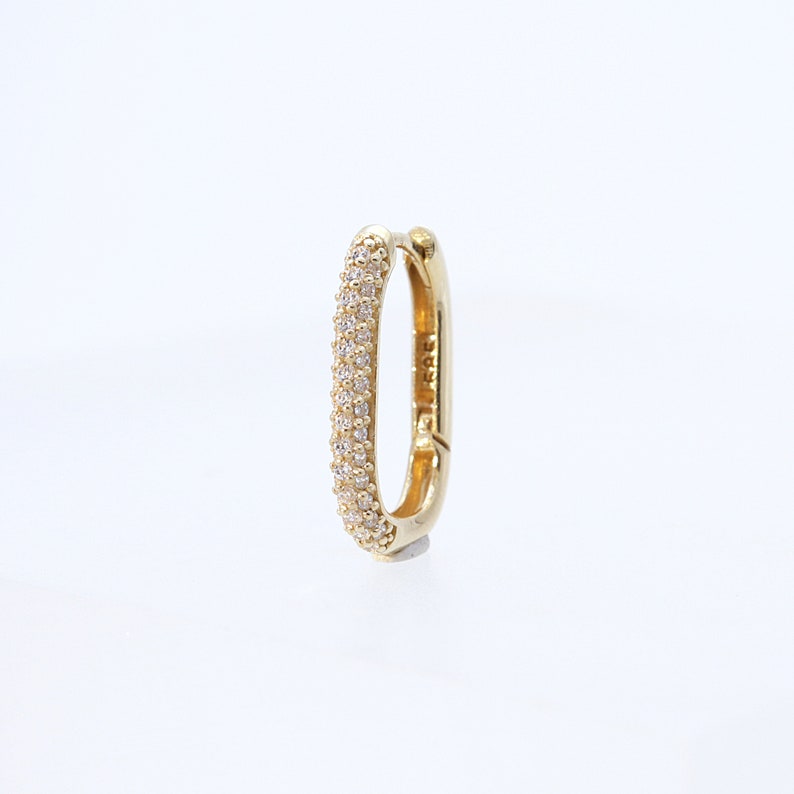 14K Solid Gold CZ Oval Huggie Hinged Hoop Earring, Huggie Hoop, Gold Huggie, Oval Gold Hoop image 3