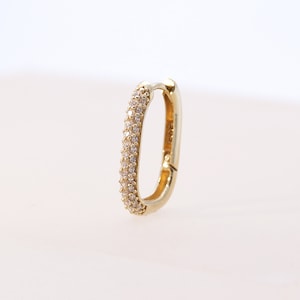 14K Solid Gold CZ Oval Huggie Hinged Hoop Earring, Huggie Hoop, Gold Huggie, Oval Gold Hoop image 2