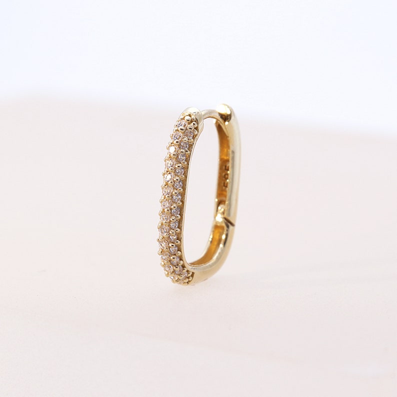 14K Solid Gold CZ Oval Huggie Hinged Hoop Earring, Huggie Hoop, Gold Huggie, Oval Gold Hoop image 2