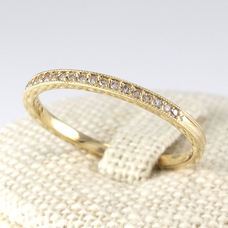 Thin Diamond Eternity Band 14K Solid Gold, Champagne Diamond Ring, Diamond Wedding Band image 2