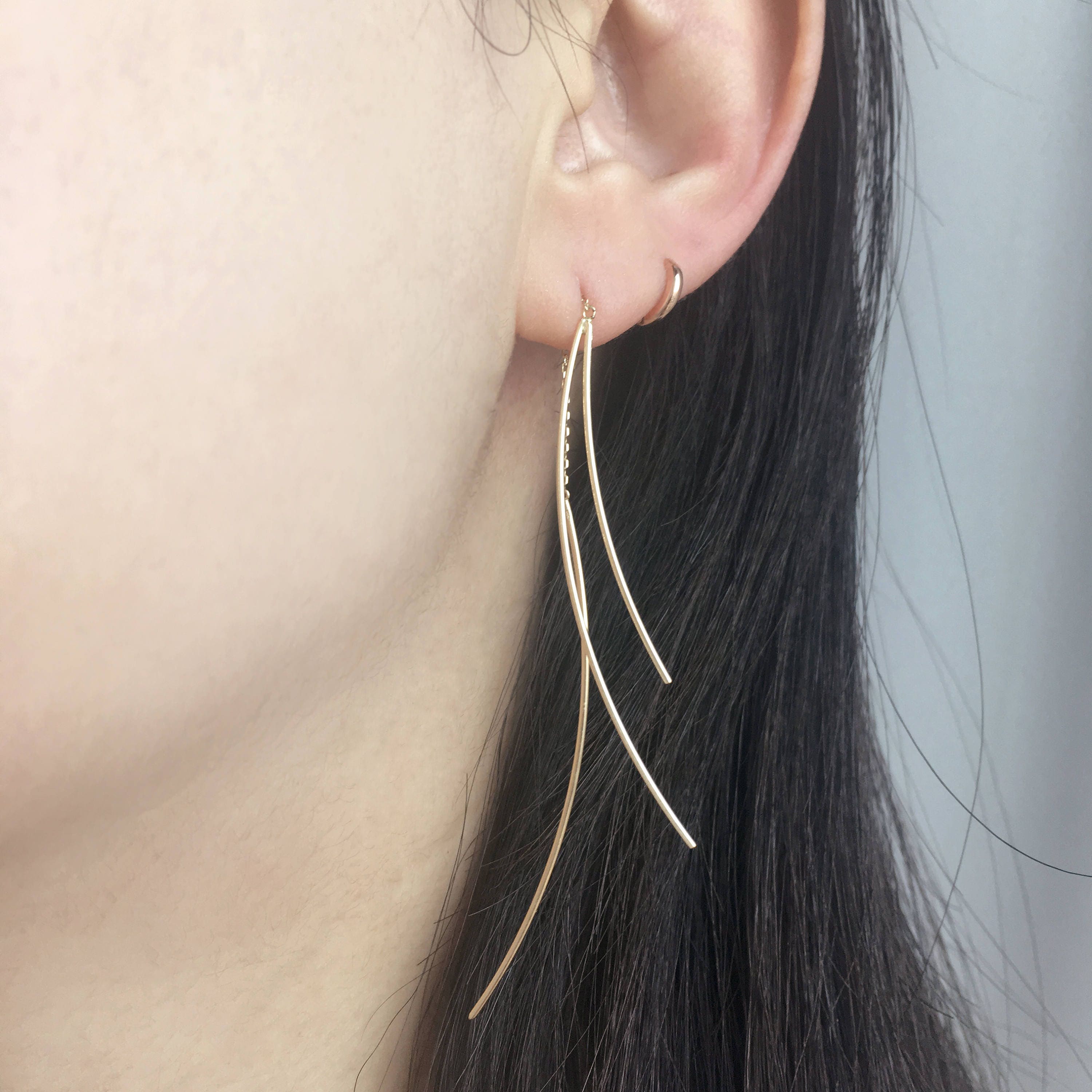 14k Solid Gold Threader Earrings 14k Long Threader Earrings Etsy