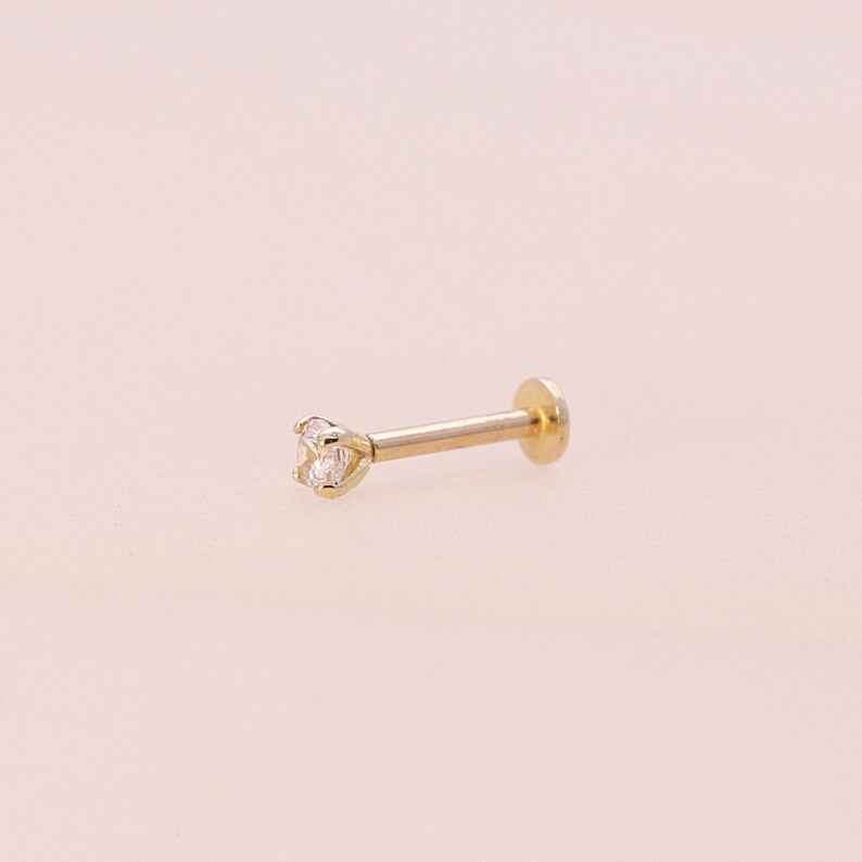 14K 2.5mm Solid Gold CZ Stud Labret, Internal Threaded, Tragus, Cartilage, Helix, Conch, Lobe, Piercing Earring, Minimalist Earring image 4