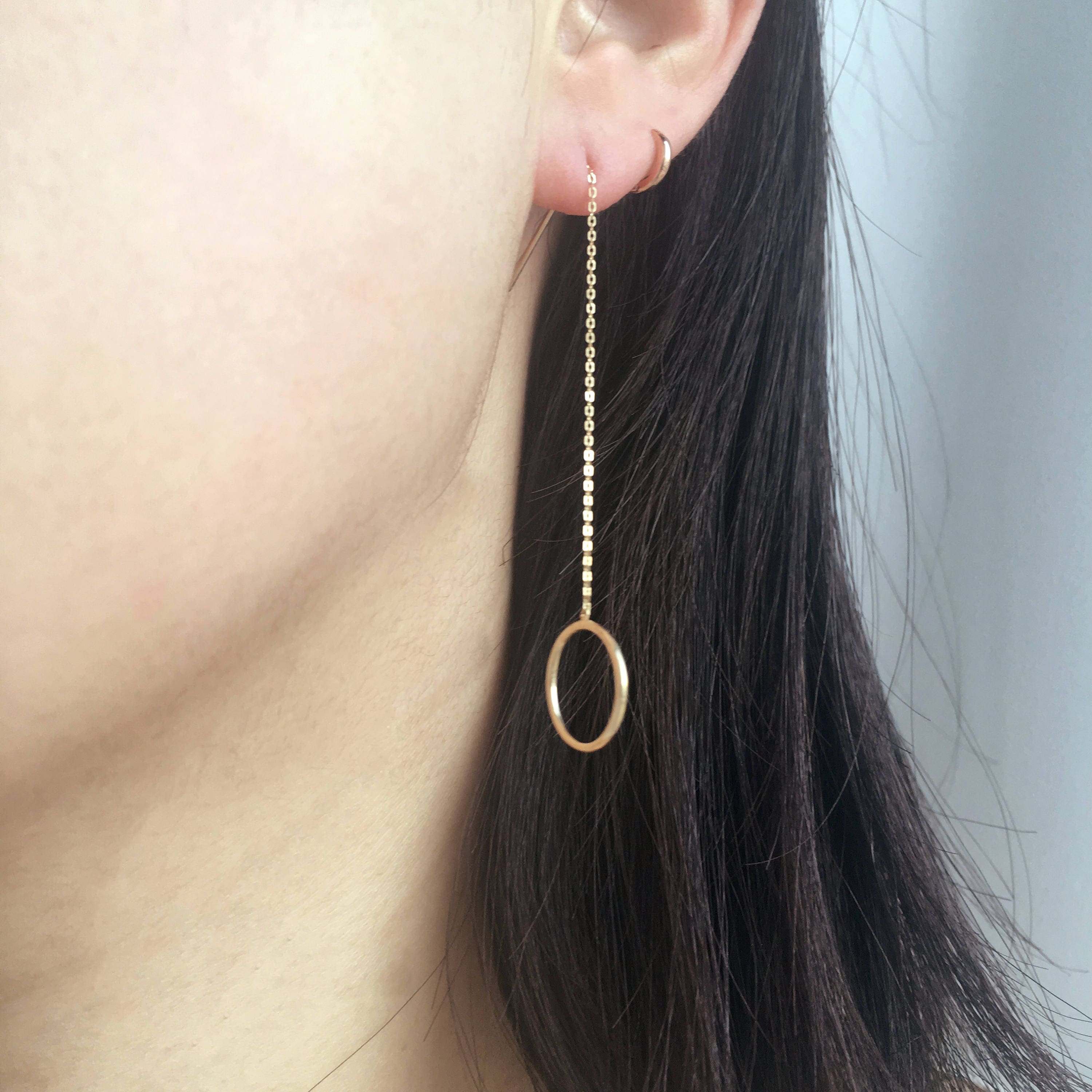 14K Solid Gold Threader Earrings 14K Long Threader Earrings Etsy