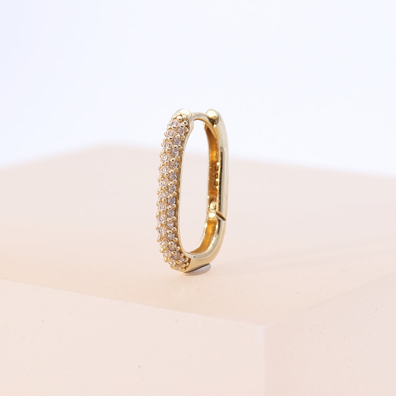 14K Solid Gold CZ Oval Huggie Hinged Hoop Earring, Huggie Hoop, Gold Huggie, Oval Gold Hoop image 1