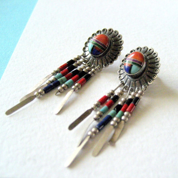 Southwestern Sterling Silver and Multi Gemstone Inlay Fringe Earrings