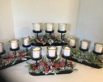 Christmas votive candle centerpiece, Christmas candle holder mantle decor