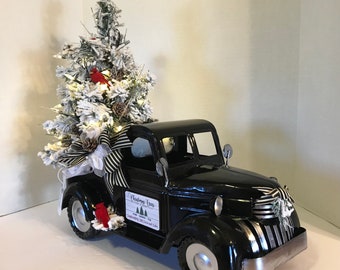 Farmhouse truck with lit Christmas tree, extra large black metal truck with flocked tree white lights