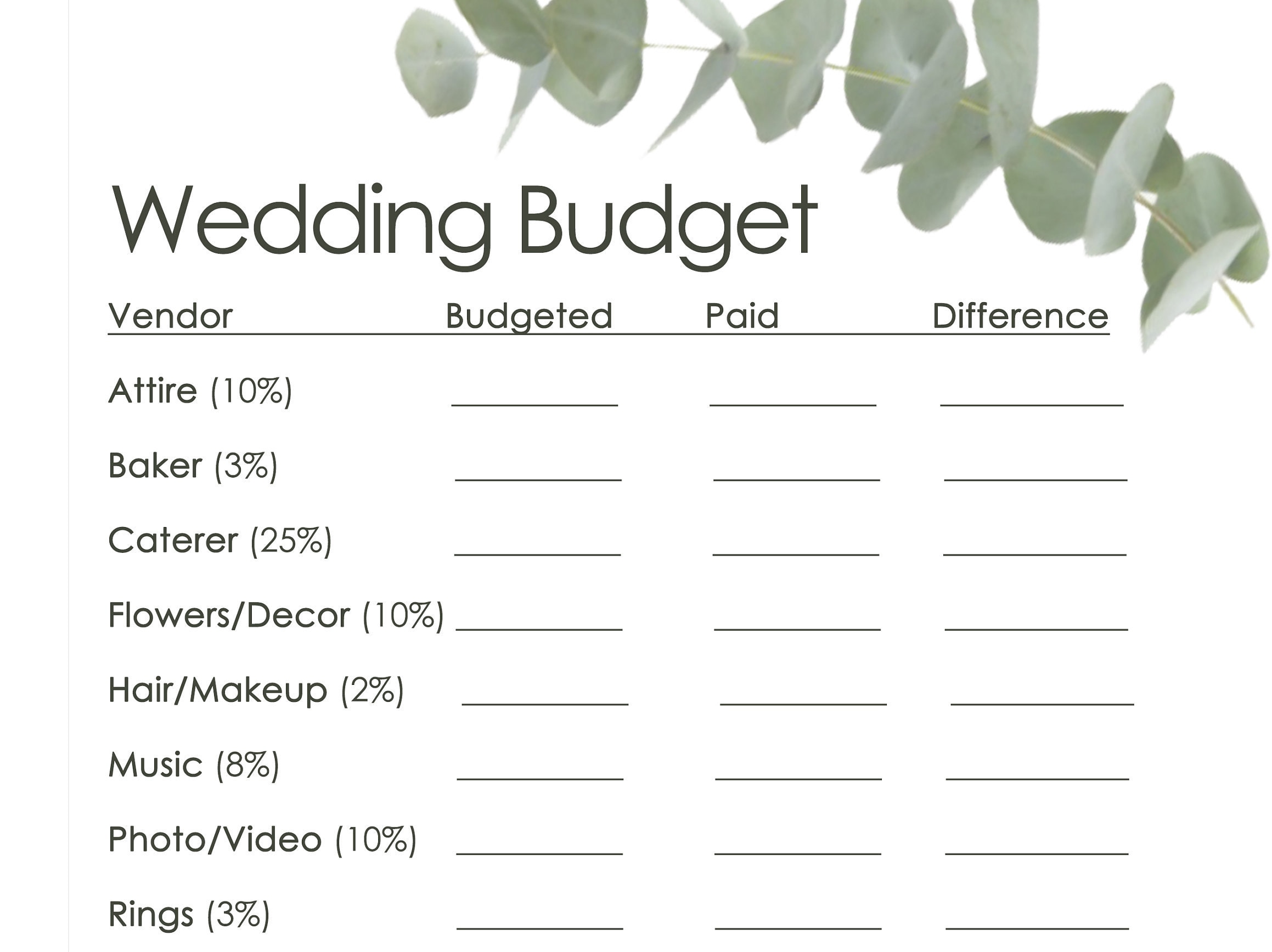 Wedding Budget Wedding Vendors Vendor Contact Worksheet - Etsy Norway