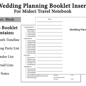 May include: A printable wedding planning booklet insert for a Midori Traveler's Notebook. The booklet includes a 12-month timeline, wedding party list, vendor list, detail lists, and notes sections. The text "Wedding Planning" is at the top of the page.