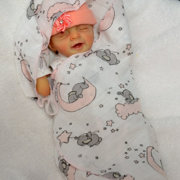 Cute sleeping elephant print double gauze swaddle/blanket for 11/12 1/2" reborn dolls,micro mini dolls, silicone dolls, (no dolls included)