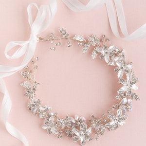 Silver Floral Tiara, Rhinestone Botanical Bridal Wreath, Rose Gold Wedding Tiara, Bridal Crown, Floral Accessory,Wedding Wreath image 3