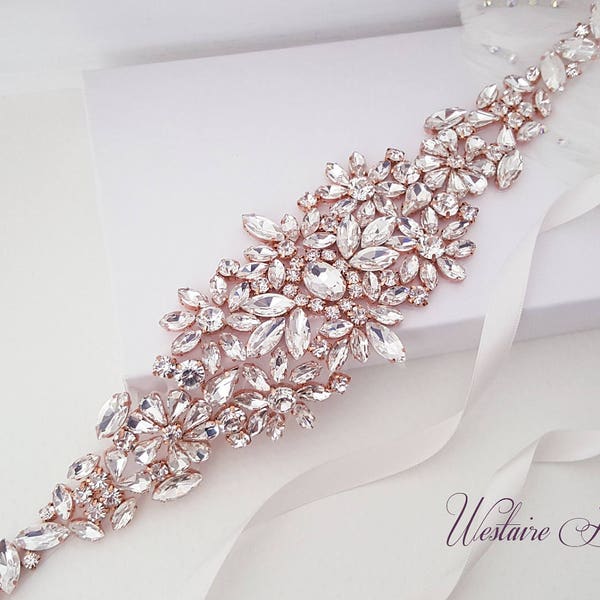 Wedding Belt, Crystal Bridal Belt, Bridal Sash, Beaded Wedding Belt, Rose Gold, Silver - Style 782.1