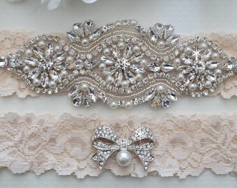 Wedding Garter Set, Pearl and Rhinestone Garter Set, Ivory Lace Garter Set - Style L250