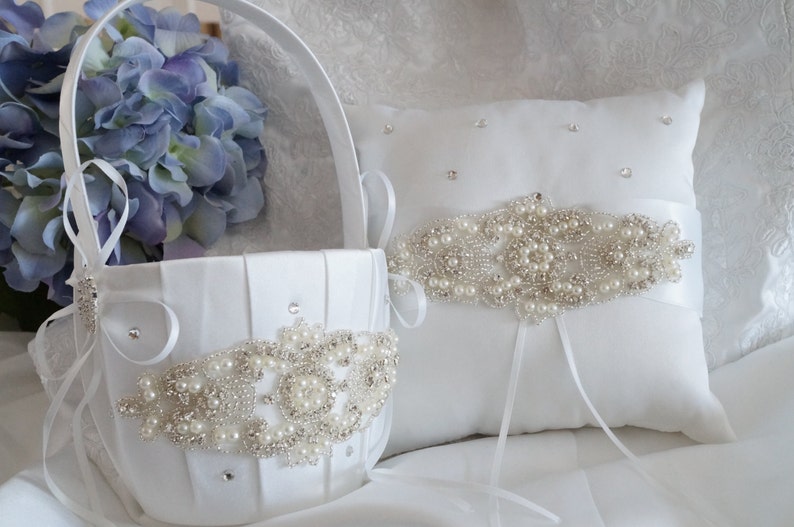 Flower Girl Basket, Ring Bearer Pillow, Wedding Basket and Pillow Set Style 310 image 1