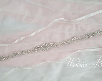 Beaded Bridal Belt, Beaded Sash Belt, Wedding Belt, Thin Rhinestone and Crystal Wedding Sash - Style 788