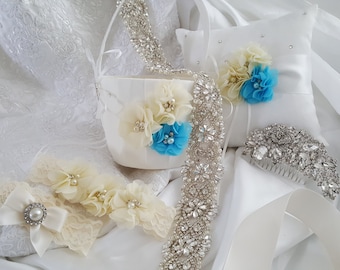 Wedding Accessories, Bridal Accessories, Bridal Belt, Bridal Garter Set, Bridal Hair Comb, Flower Girl Basket, Ring Bearer Pillow