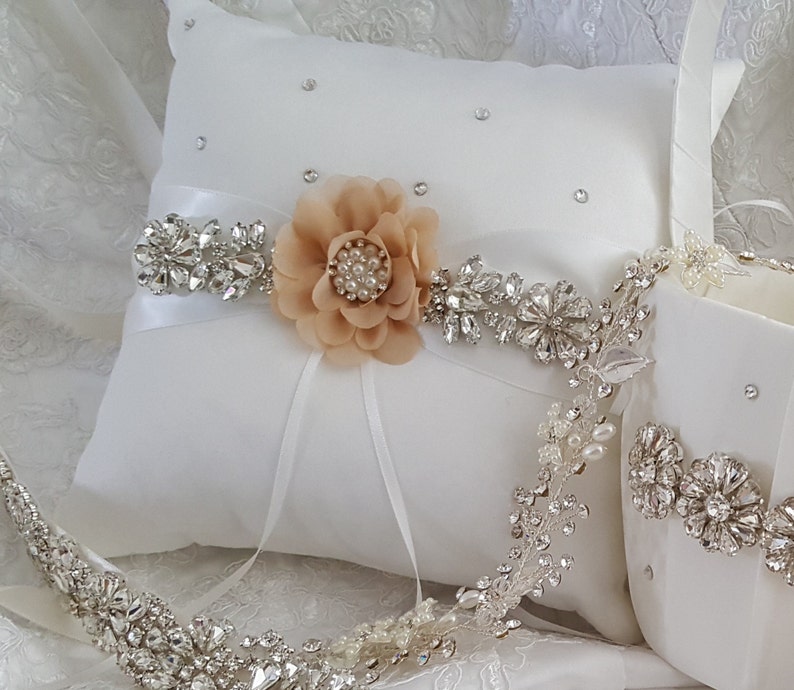 Ring Bearer Pillow, Flower Girl Basket, Wedding Basket and Pillow Set Style 360 image 1