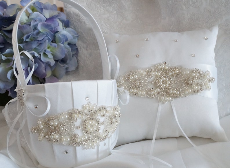 Flower Girl Basket, Ring Bearer Pillow, Wedding Basket and Pillow Set Style 310 image 2