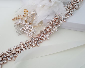 Rose Gold Wedding Accessories, Rose Gold Bridal Accessories, Rose Gold Bridal Belt, Rose Gold Bridal Hair Comb, Hair Pin