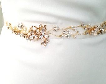 Gold Bridal Crystal Sash. Rose Gold Rhinestone Pearl Applique Wedding Belt. Vintage Gold Belt-Style 780