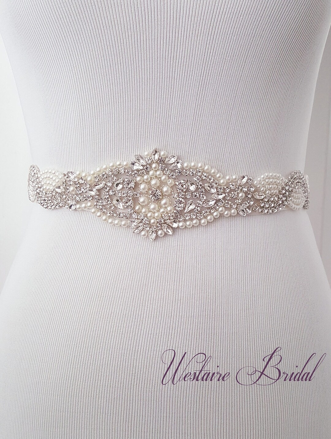 Thin Pearl Bridal Belt, Wedding Dress Belt, Pearl Bridal Sash Belt In White Or Ivory CEN0018 - Foto 3