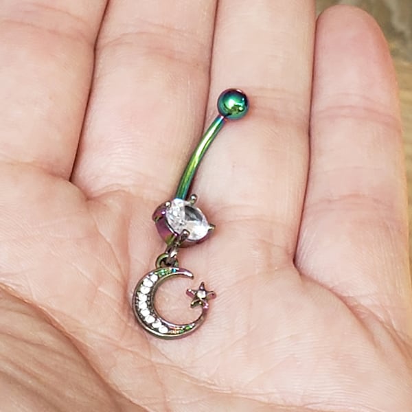 CZ Rainbow Moon Belly Button Rings - Standard Size or Pregnancy