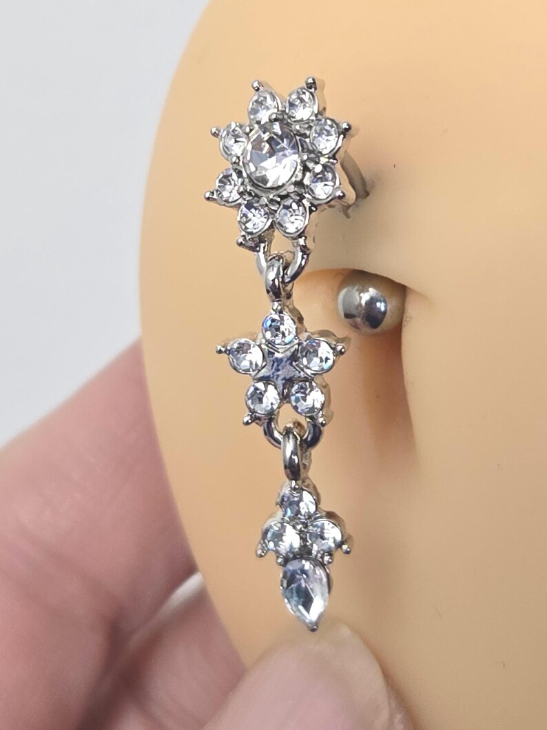 3 Tier Top Flower Dangly Belly Button Rings - Standard and Plus Size ...
