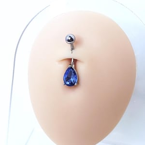 Blue CZ Teardrop Belly Ring - Standard and Plus Size