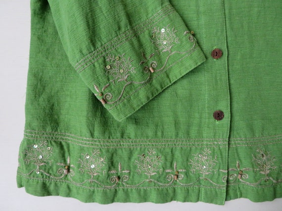 silk blouse or jacket, avocado green with decorat… - image 3