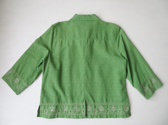 silk blouse or jacket, avocado green with decorat… - image 7