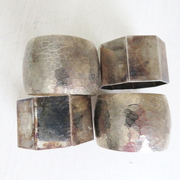 silver napkin rings, 4 vintage 80s napkinrings, hammered silverplate, modern octagon shape, hostess gift, gift under 20