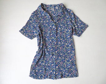 floral blouse, blue button up shirt, tunic top, crinkle texture, vintage 90s, women extra small, Russ