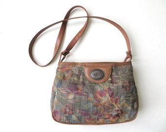 tapestry crossbody bag, vegan fabric bag, long strap purse, tan brown green gold blue, vintage 80s 90s