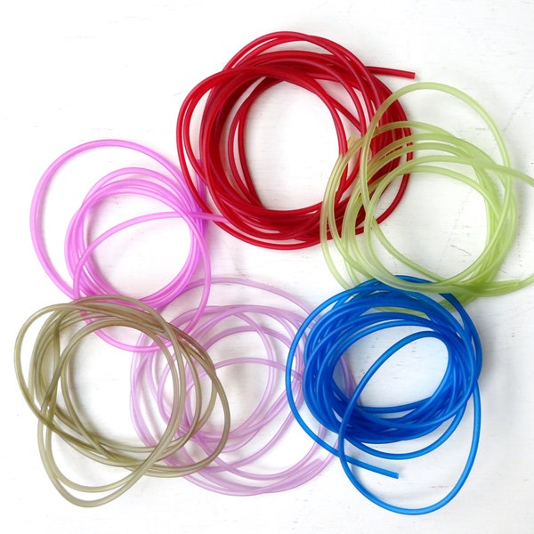 rubber tubing lot, 10 3/4 yards, 32 1/4 feet, 3mm, 1/8 inch, memory wire jewelry, necklaces, red, blue, pink, lavender, green