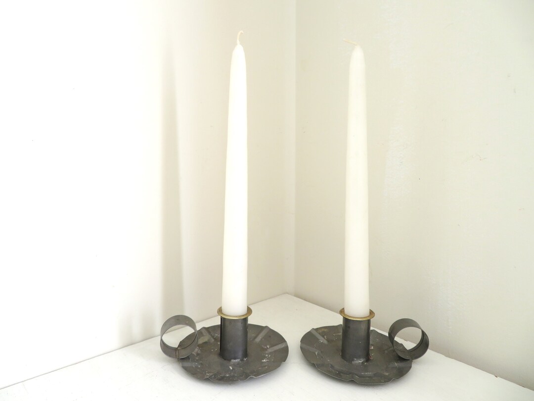 Tin Candle Holders, Pair of Vintage Candlestick Candleholders, Rustic