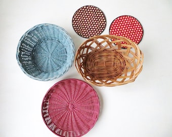 basket collection, set of 5 straw wicker baskets for wall, 2 trivets, vintage boho wall decor, shabby cottage farmhouse, housewarming gift