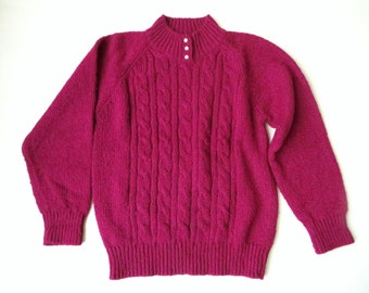 mockneck sweater vintage, fuschia magenta pullover, 80s 90s, preppy clothing, women small, Erika & Co