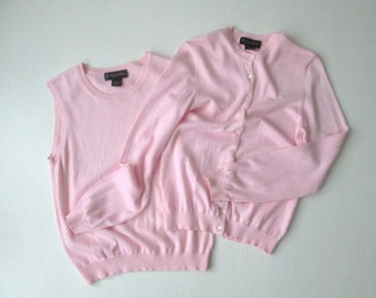 pink sweater twin set, cotton cardigan and shell tank top, Brooks Brothers twinset, vintage 90s, womens small
